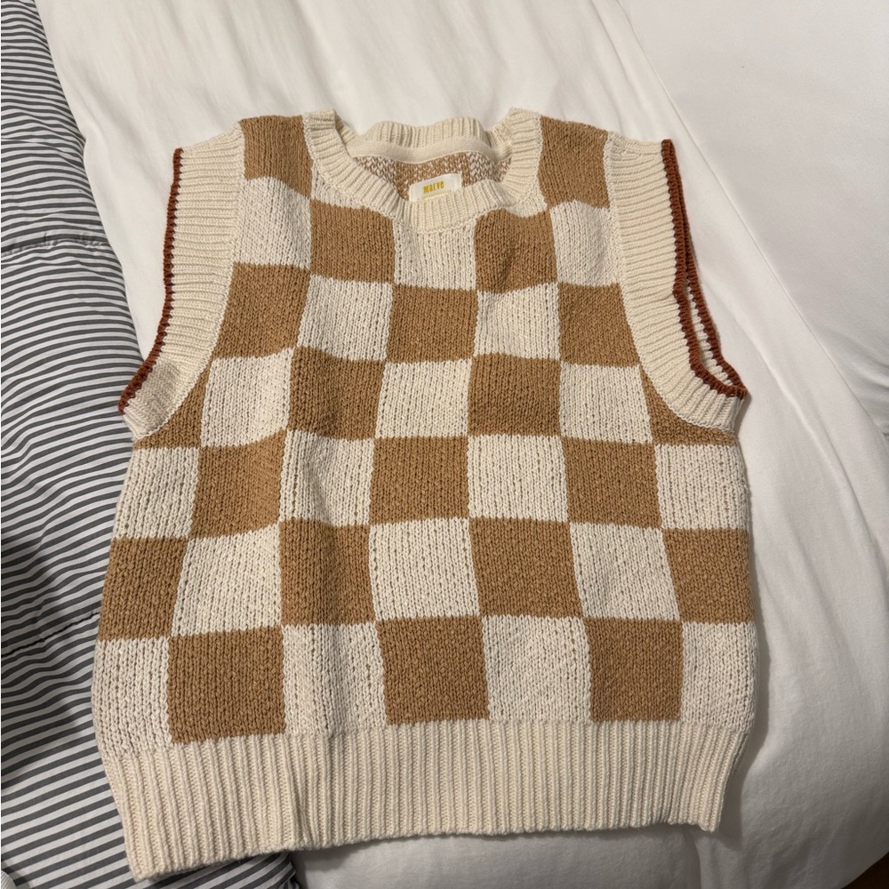 Anthropologie Cream & Brown Checkerboard Knit Vest